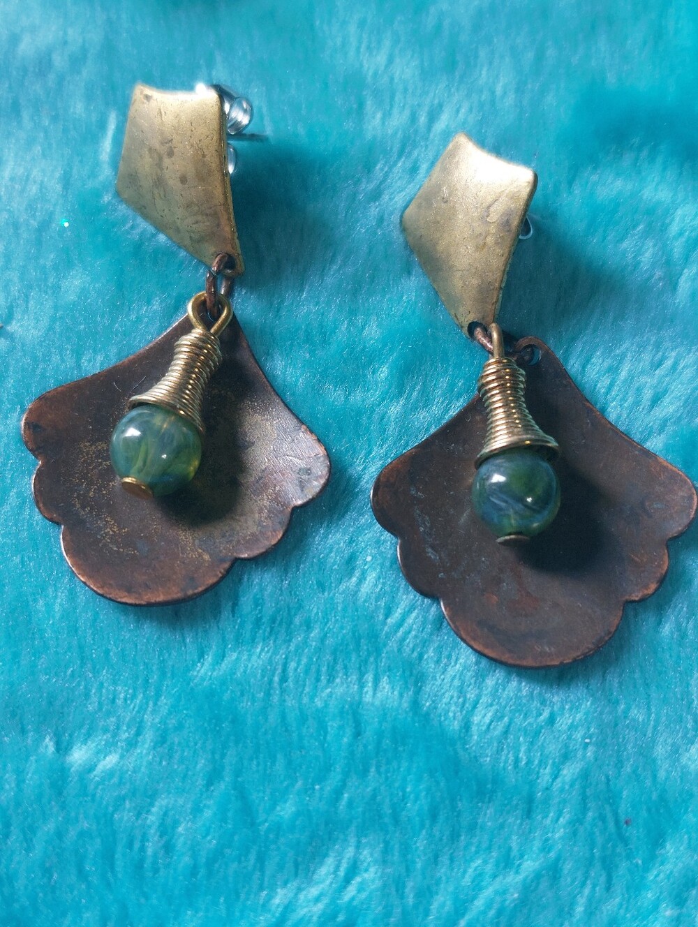 Vintage Handcrafted Boho Dangle Pierced Earrings, Mixed Metal, Estate Jewelry